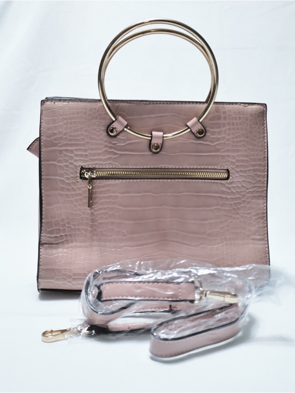Croc-Embossed Ring Handle Satchel in Dusty Pink